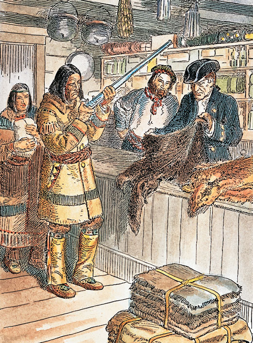Two Europeans examine a fur pelt as a Native American man inspects a rifle.