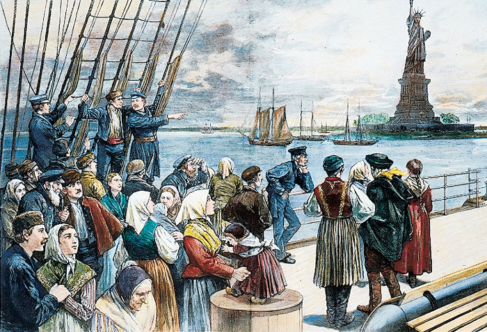 Immigrants look upon the Statue of Liberty with excitement as their ship approaches.