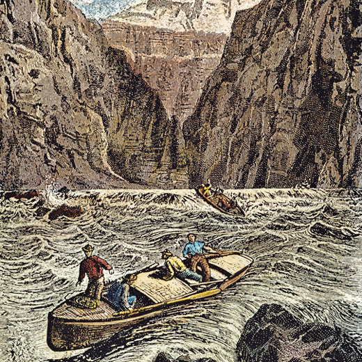 Artist's rendition of two boats trying to navigate the rapids in a river. 