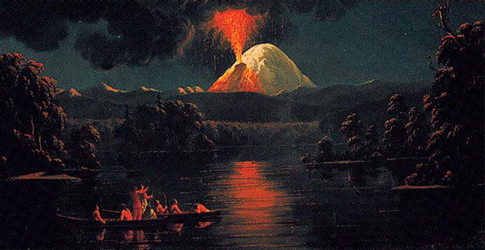Painting showing native Americans watching the eruption of Mount Saint Helens.
