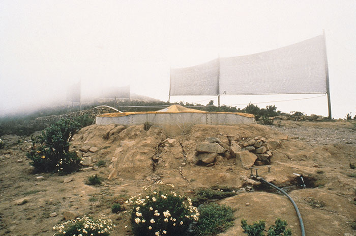 A large net is extended near a holding tank. 
