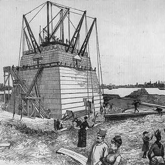 Artist's rendition of workers constructing the pedestal.