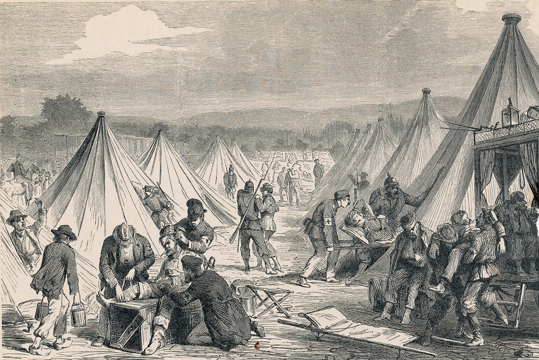 Military field hospital with tents and injured soldiers.