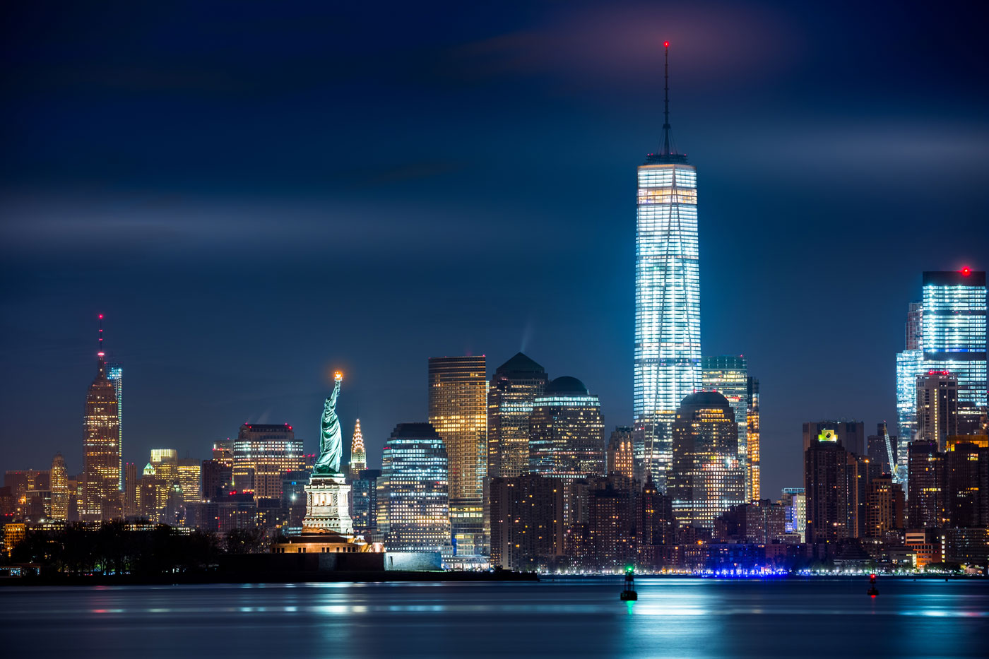 The New York City skyline, featuring One World Trade Center.