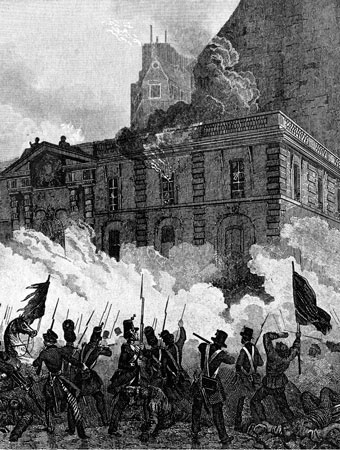 Drawing of soldiers shooting outside a burning building during the French Revolution.