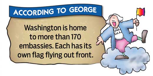 Cartoon of George Washington standing on one foot holding a flag.