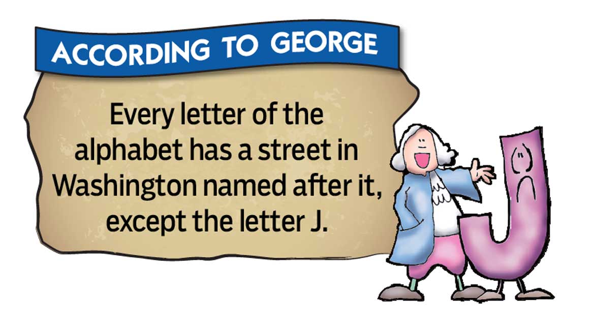 Cartoon of George Washington standing next to a purple letter J that looks sad.