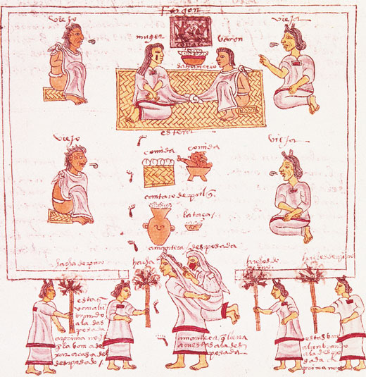 Tapestry with a woman acting as a matchmaker for a young girl.