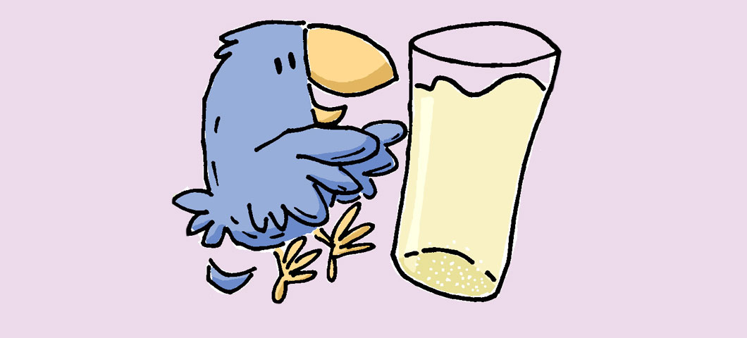 Cartoon of a bird fluttering around a glass of lemonade.