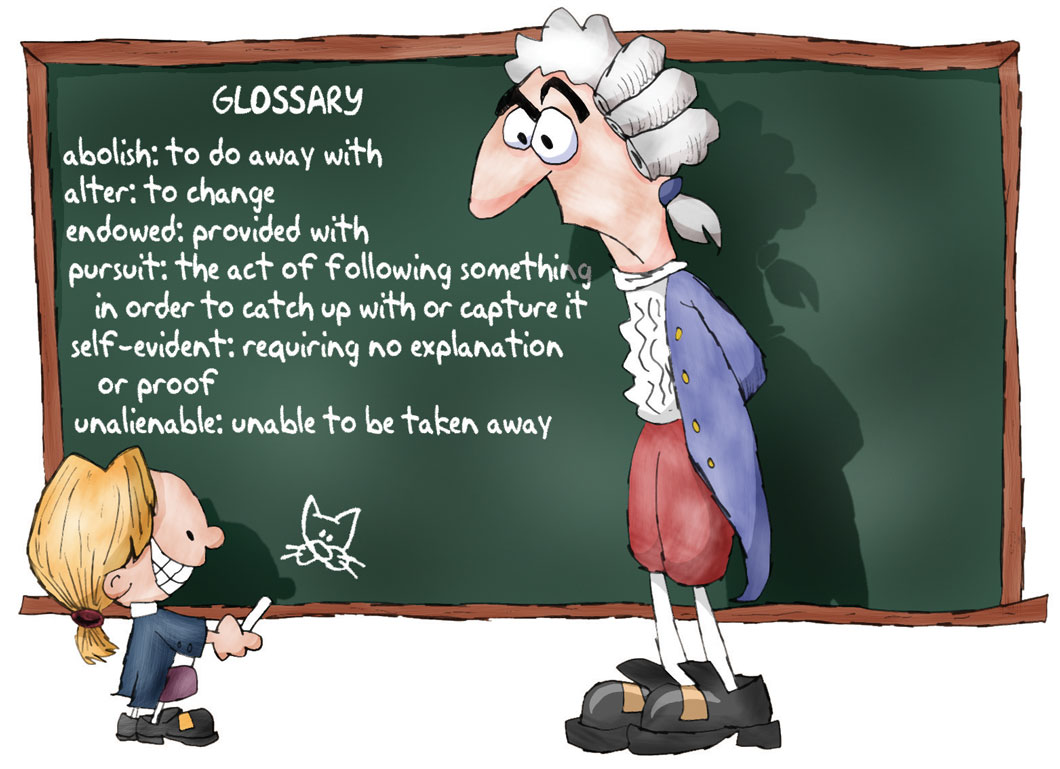 Cartoon showing a glossary of terms from the Declaration of Independence.