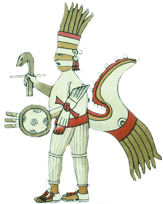 Man wearing a feathered headress carrying a shield and a sceptre.