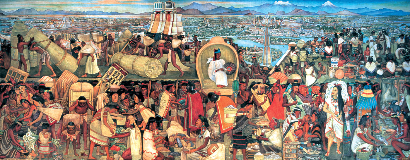 Large group of Aztec people, with a noble sitting on a throne, while the commoners carry large loads and others gather around the noble.
