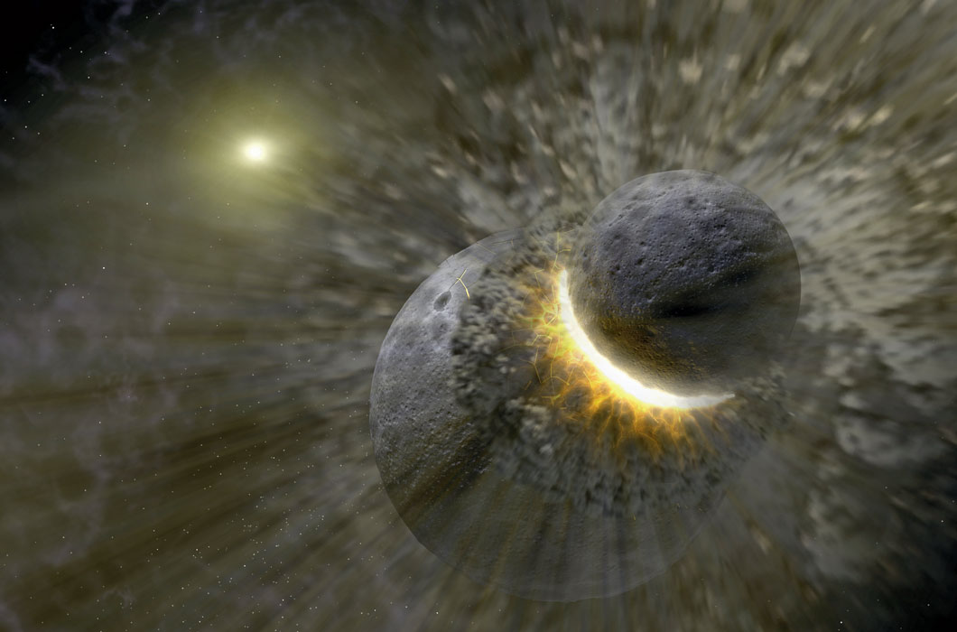 Illustration of two spherical rocky objects crashing into each other. 