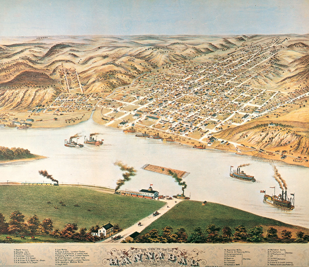 Steamboats travel on the river.