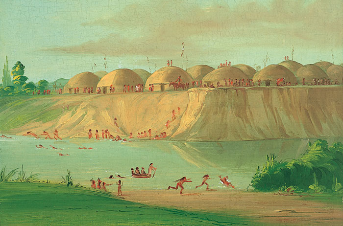 Artist's rendition of a villiage made of huts on top of a cliff overlooking the water.