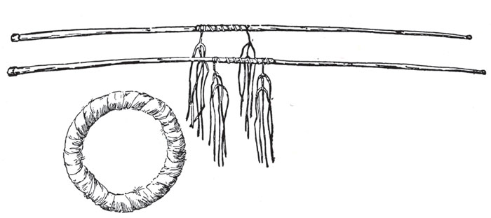 Two sticks with feathers coming off of them and a small hoop.