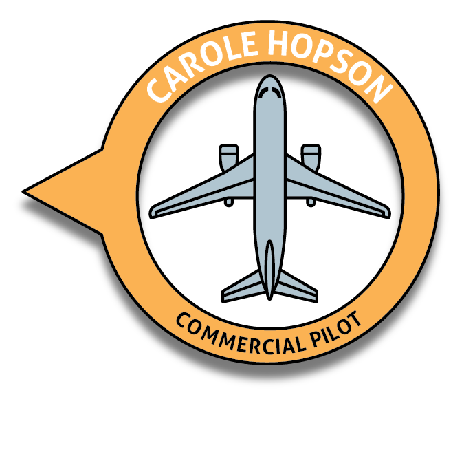 An illustrated badge with an airplane, naming Carole Hopson, a commercial pilot.
