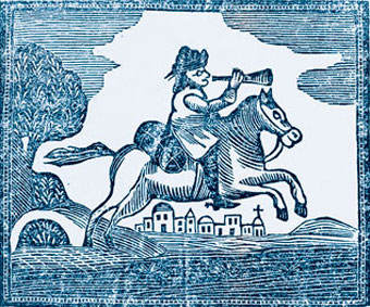 Illustration of a man riding a horse.