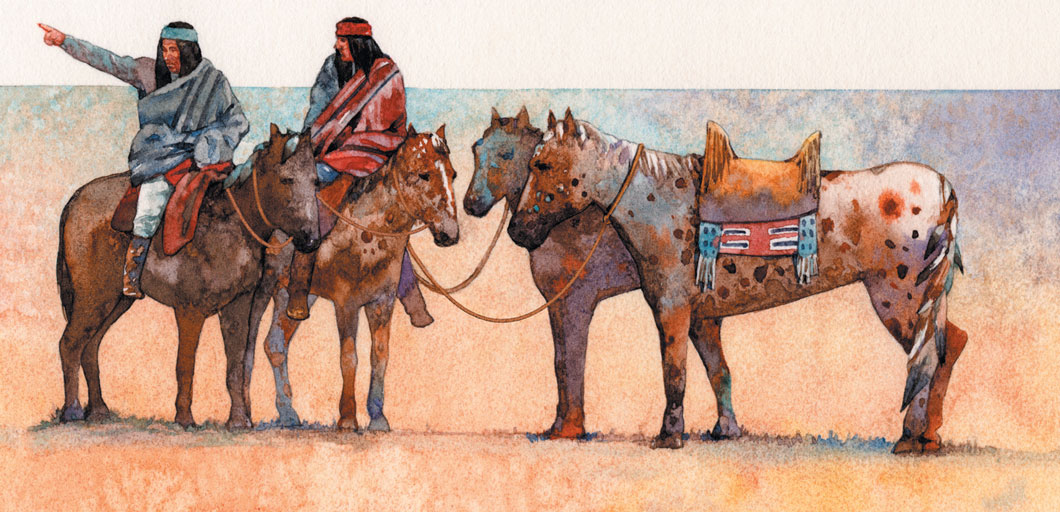 Two Native American men sitting on horses.