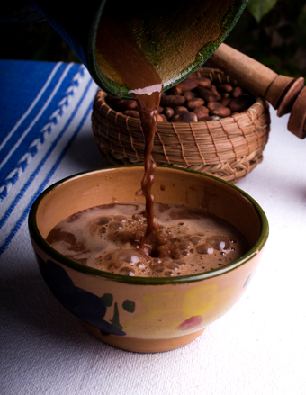 Bowl filled with cocoa beans and another filled with melted chocolate. 