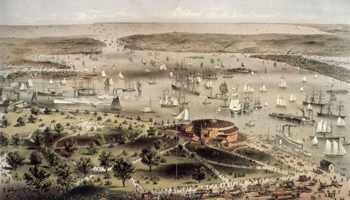 Artist's rendition of New York Harbor around 1872.