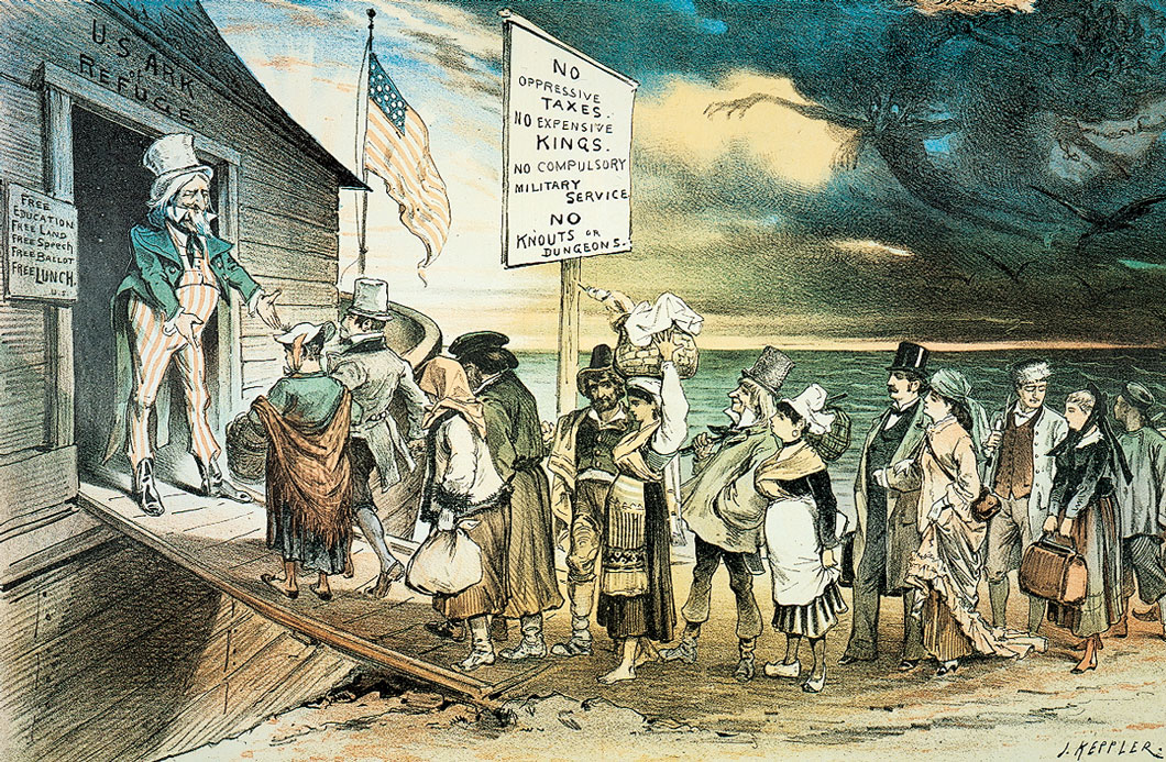 Political cartoon shows immigrants boarding the 'U.S. Ark of Refuge.'