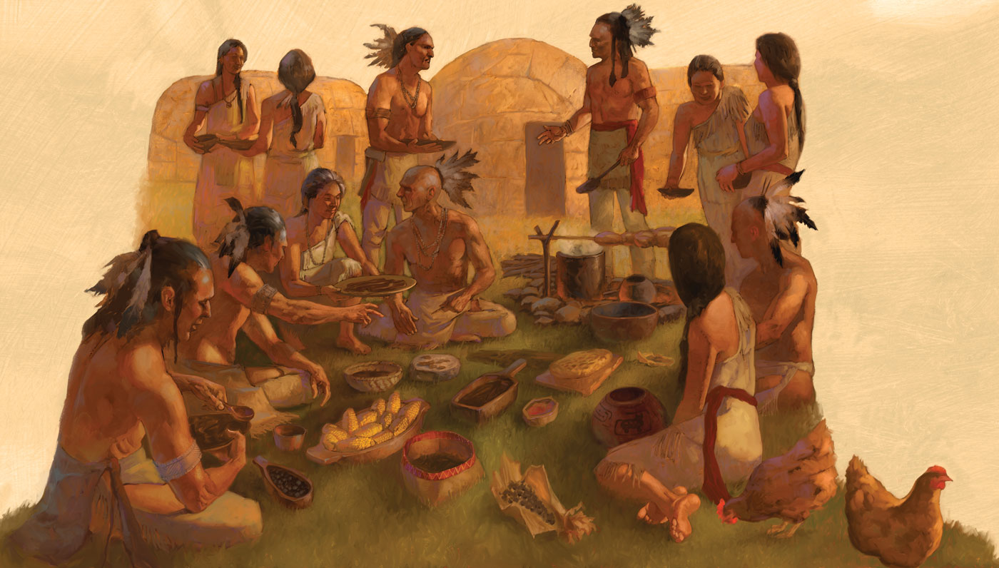 Drawing of several native man sitting on the ground around a large collection of food.