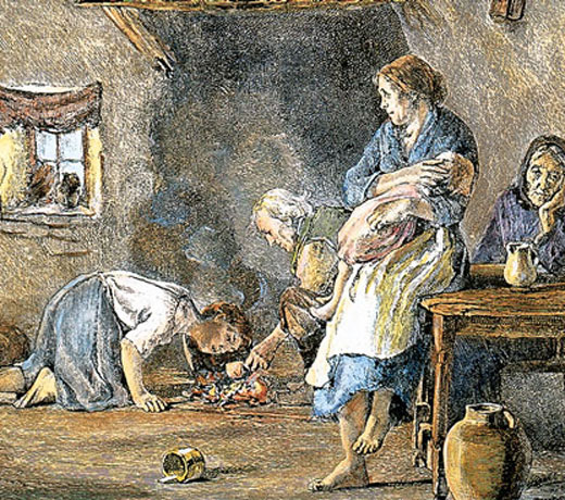 Tired looking family struggles to manage the homestead.