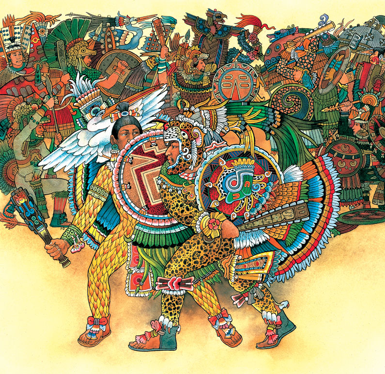 Painting of jaguar warriors fightin eagle warriors.