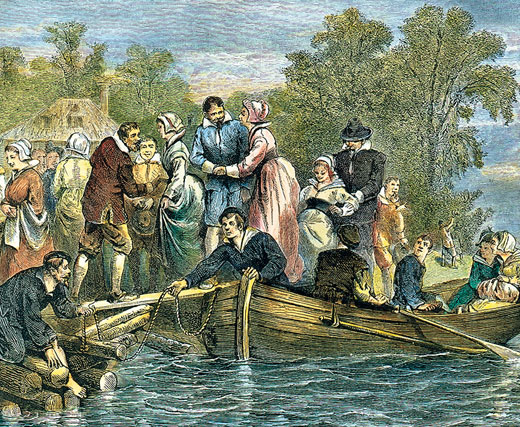 English settlers row towards land. The boat is full and they are greeted by the other settlers as they arrive.