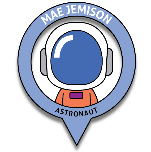 An illustrated badge with an astronaut helmet, naming Mae Jemison, an astronaut.