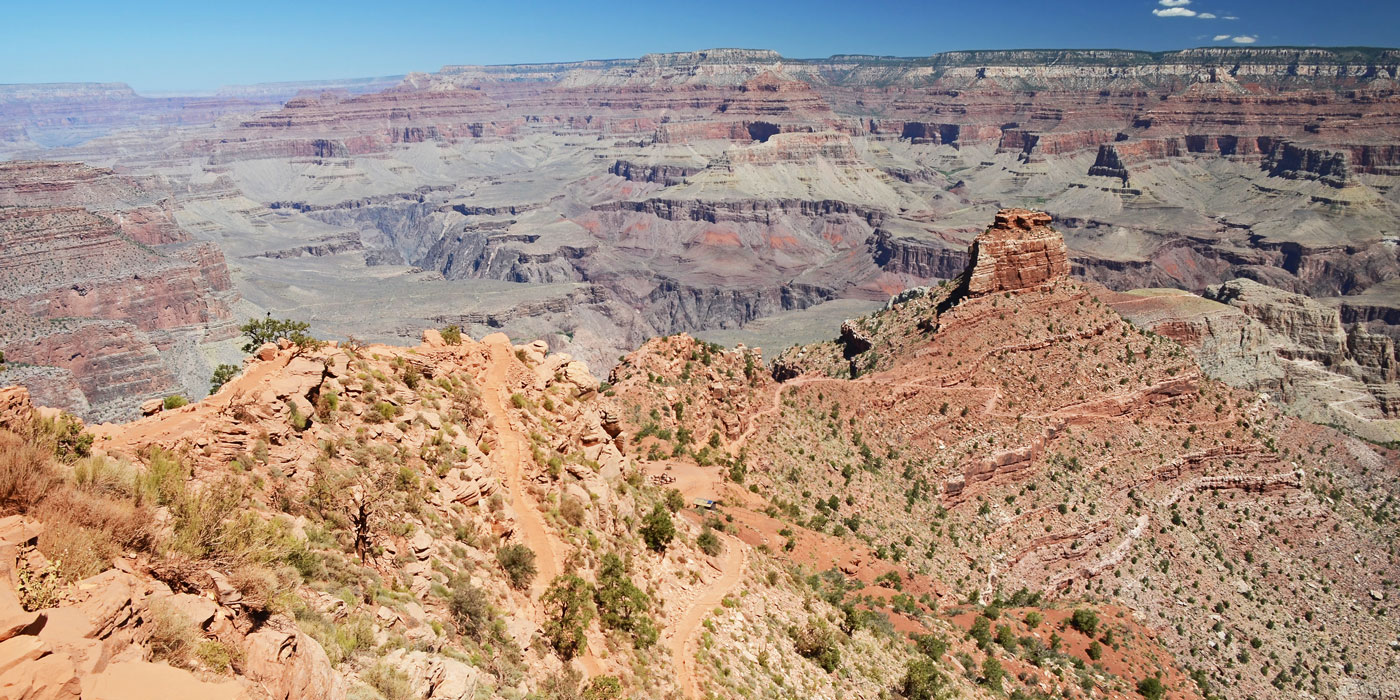 Aerial view of the Grand Canyon showing the different buttes and mesas.