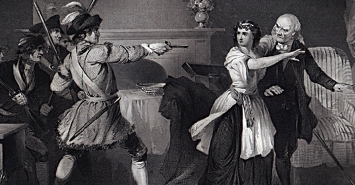 Artist's rendition of Laodicea Langston protecting her father from a British soldier.