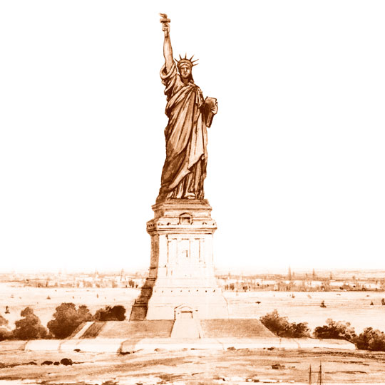 Drawing of the Statue of Liberty on a base.