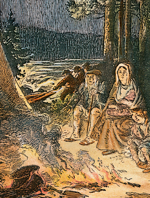 Artist's rendition of a Loyalist family sitting by a campfire in a refugee camp.