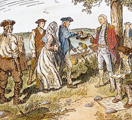 Artist's rendition of a group of Loyalists in Canada drawing lots for land.