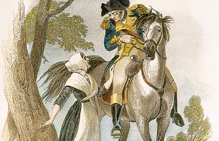 Artist's rendition of Lyida Darragh passing information to a Continental soldier.