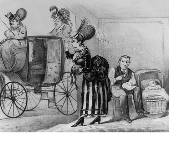 Politcal cartoon showing a woman in fancy dress about to leave her home get into a horse-drawn coach.