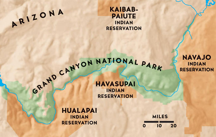 Map of Grand Canyon National Park showing the location of Native American reservations.