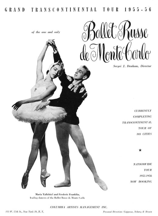 Poster advertising a ballet called Ballet Russe of Monte Carlo staring Maria Tallchief.