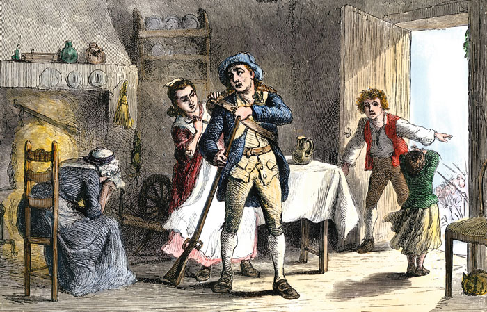 Mother gets her son ready to go off to fight in the war.