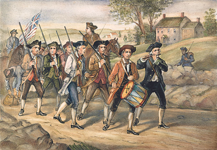 Colonists march in the street carrying a flag and playing instruments.