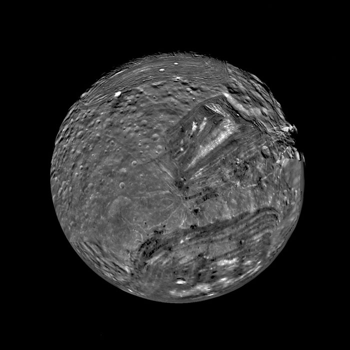 Uranus's moon Miranda looking like it has sustaind heavy damage.