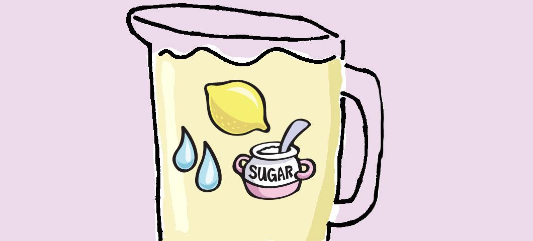 Cartoon showing a pitcher of lemonade with ingredients.