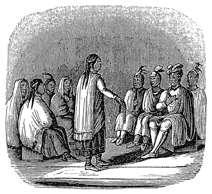 Drawing of a Native American man standing in front of several sitting Native Americans.