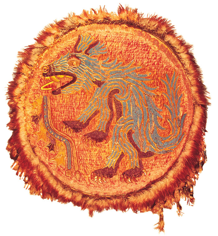 Shield covered with feathers with a dragon emblazened on it.