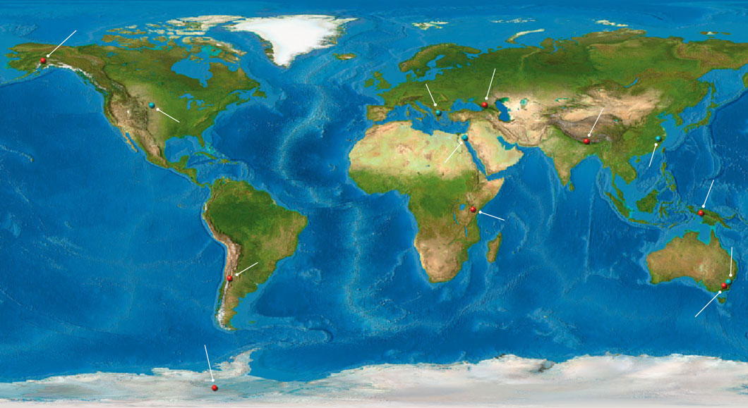 Hotspot map showing the loctations of several tall mountains.