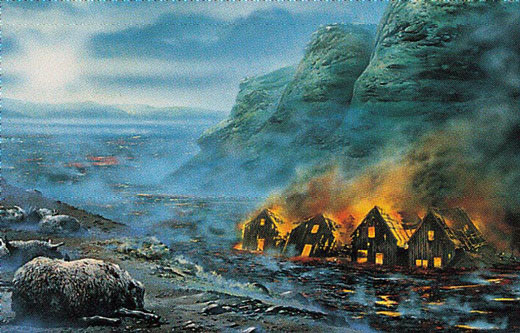 Painting of a volcano releasing gases that collect over a small villiage. 