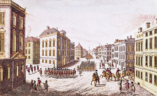 Painting of a street in New York with soldiers marching down it.