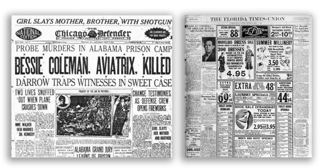 Front page of a newspaper with news of Bessie Coleman's death.